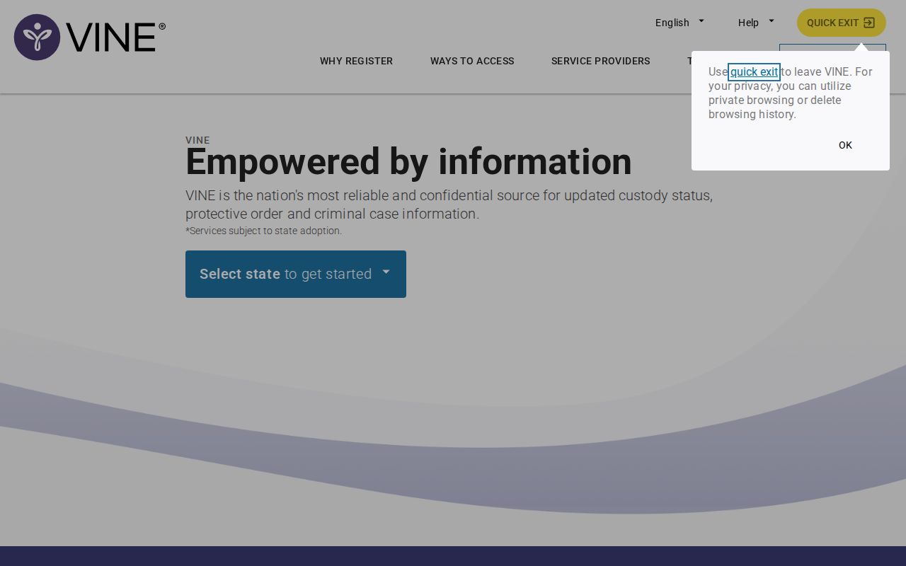 VINELink search entry screen for custody status and notifications